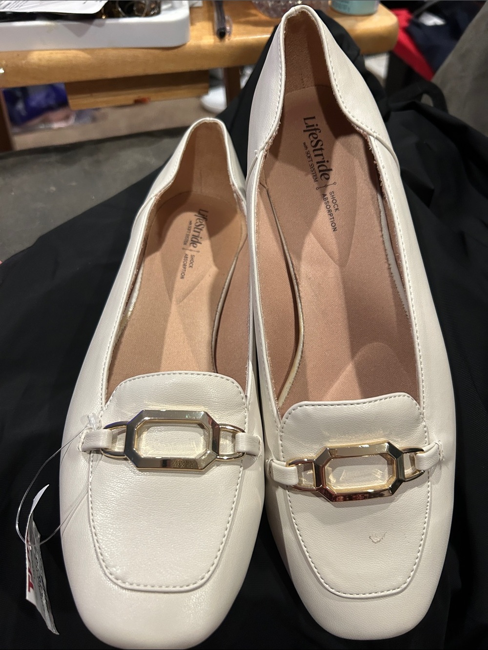 Life Stride Ivory Slip-On Loafers with Gold Chain Accent